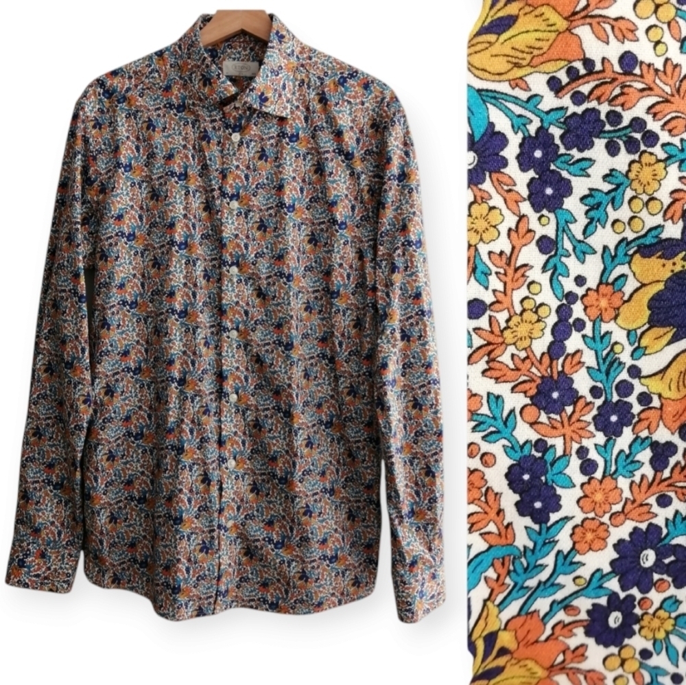 Eton Men's Slim Fit Floral Dress Shirt Orange Blue White 16.5 36 Arm